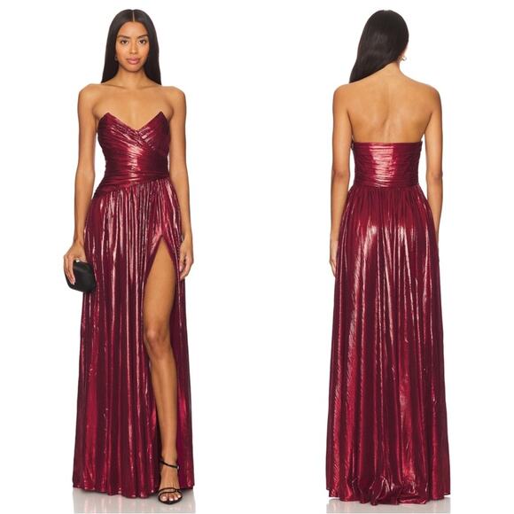 Retrofete Waldorf Strapless Pleated Metallic Lame Port Red Maxi Dress Sz XL - Picture 1 of 10